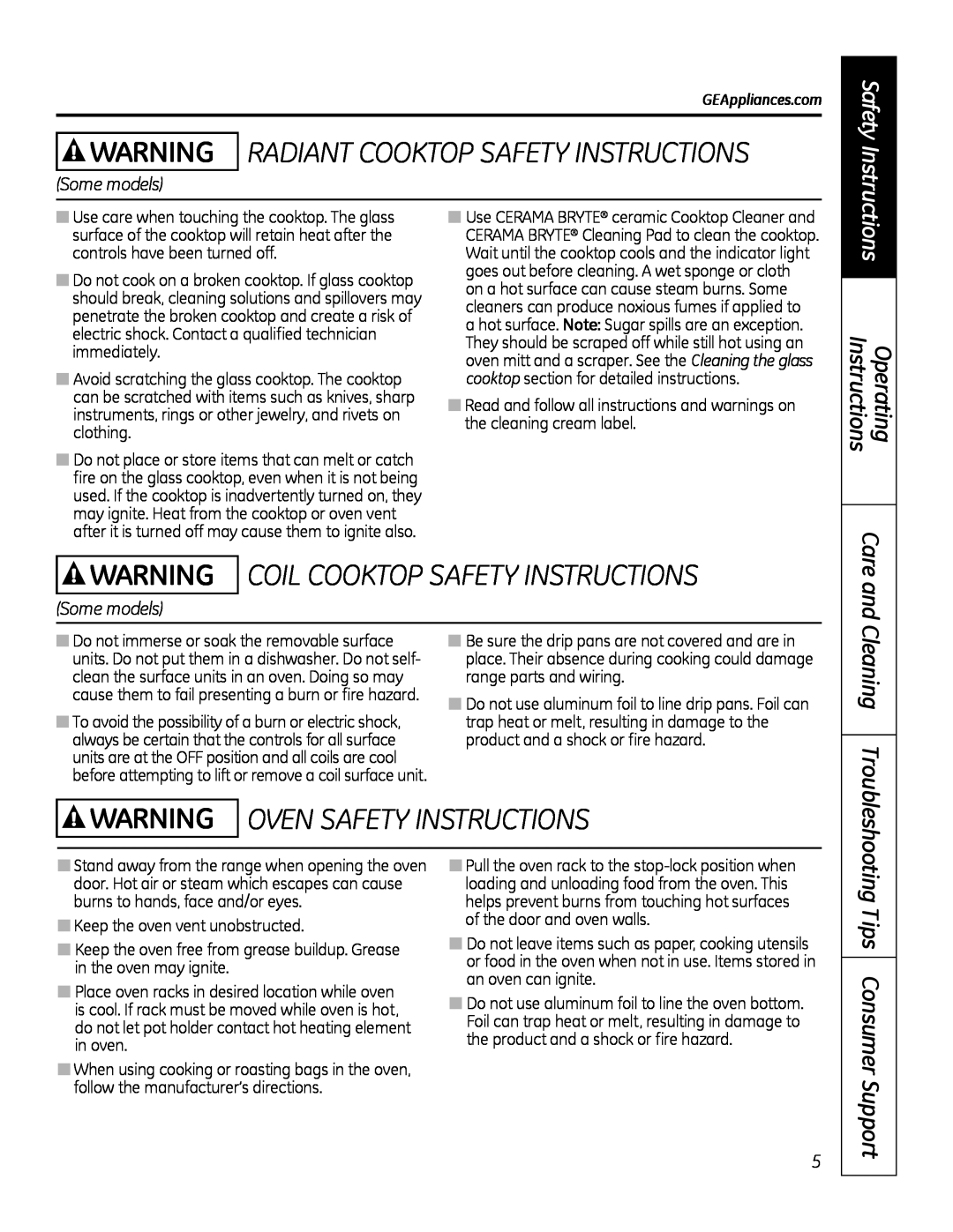 GE 49-80591-2 WARNING RADIANT COOKTOP SAFETY INSTRuCTIONS, WARNING COIl COOKTOP SAFETY INSTRuCTIONS, Cleaning, Some models 