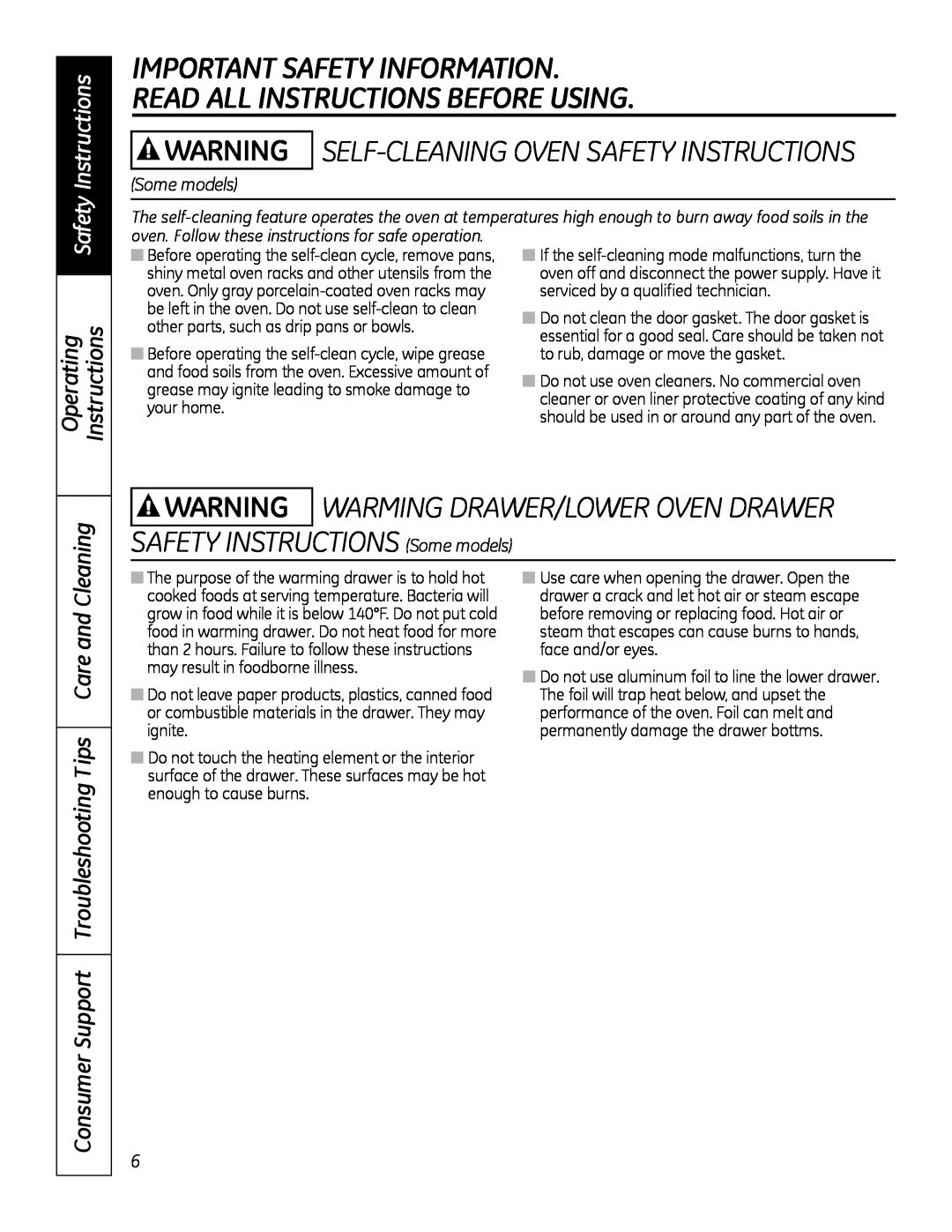 GE JBP28DRCC WARNING SElF-ClEANING OVEN SAFETY INSTRuCTIONS, Consumer Support Troubleshooting Tips Care and, Cleaning 