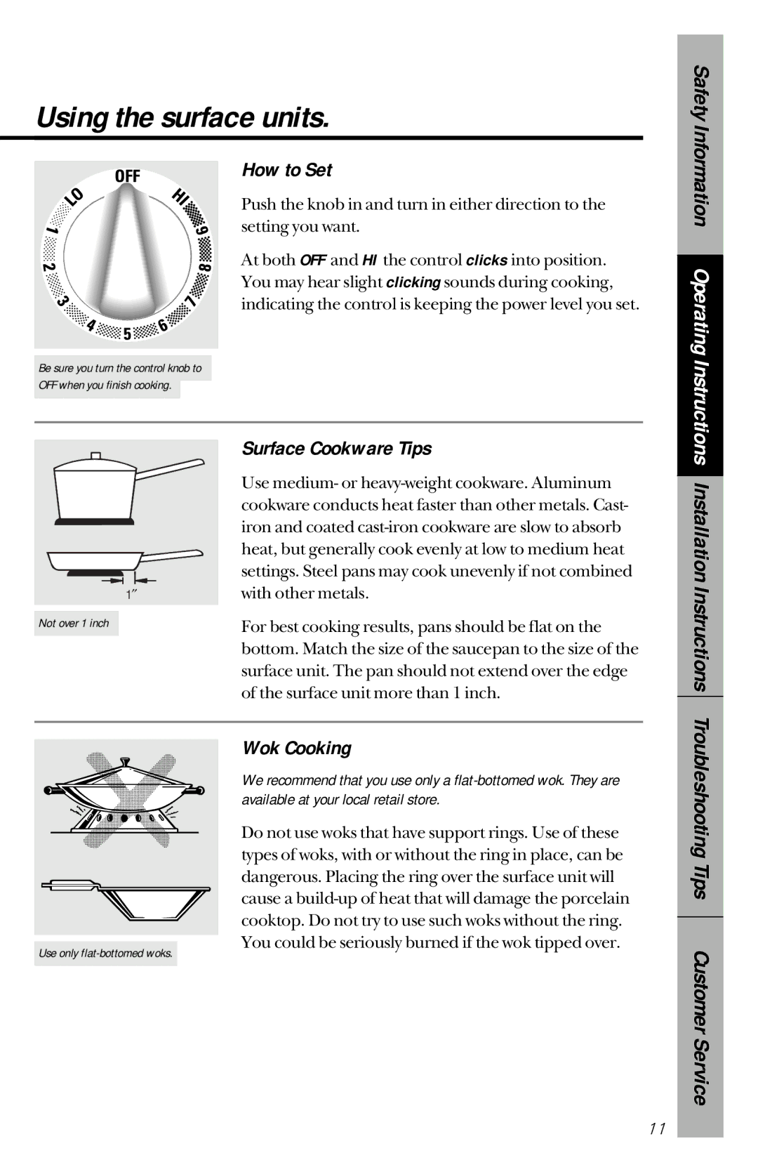 GE JBP21, JBP30, JBP26, JBP22, JBP24, JBP19, JBP25 Using the surface units, How to Set, Surface Cookware Tips, Wok Cooking 