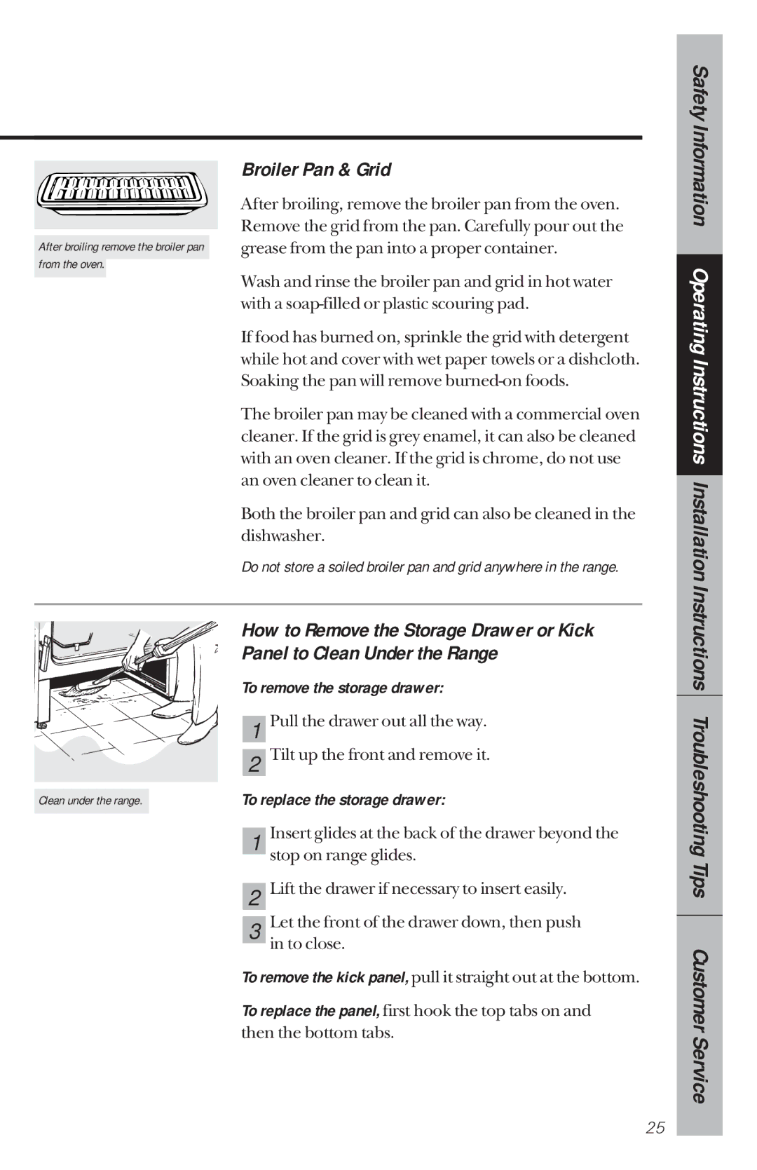 GE JBP21, JBP30, JBP26, JBP22, JBP24, JBP19 Broiler Pan & Grid, To remove the storage drawer, To replace the storage drawer 