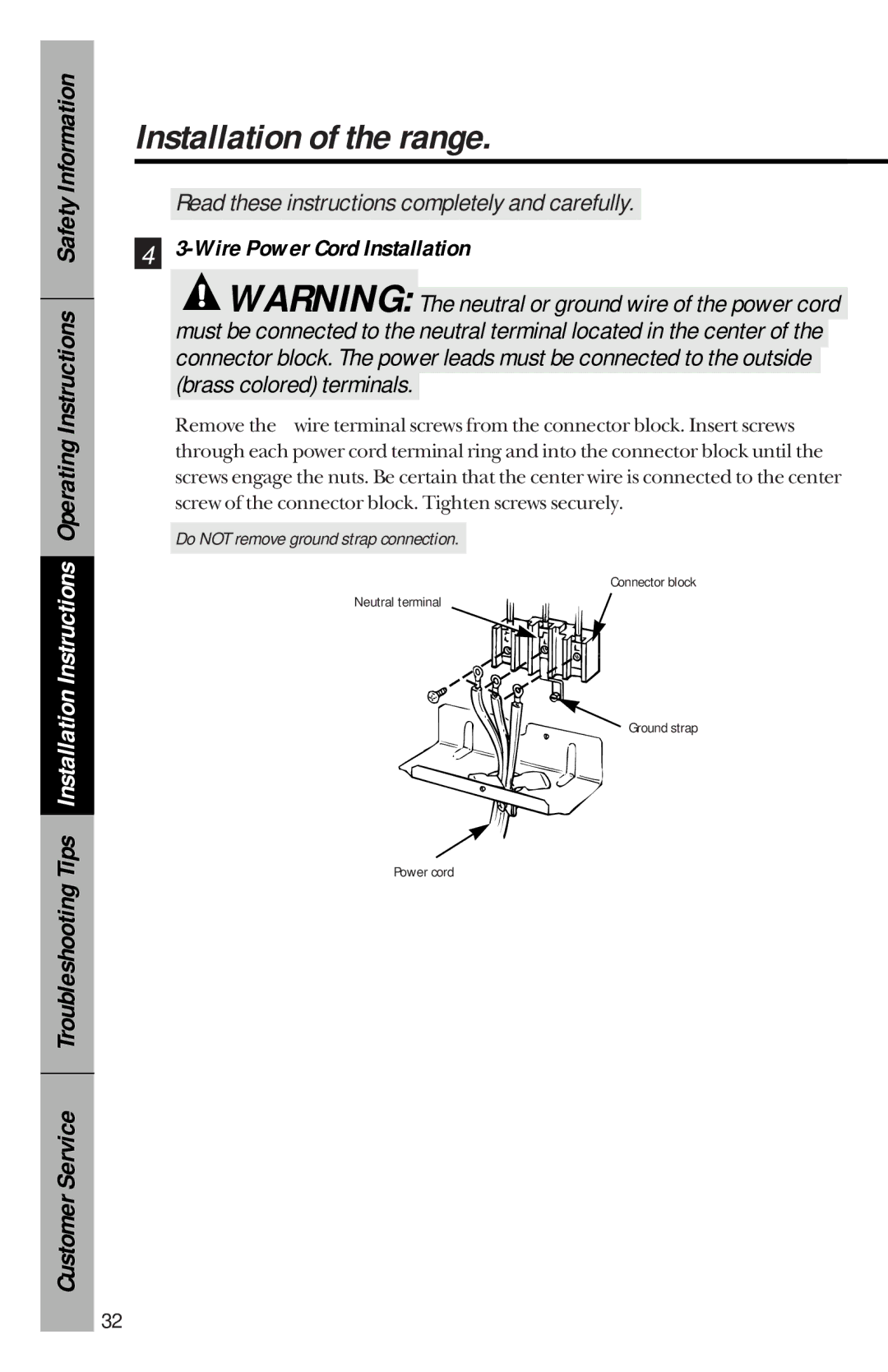 GE JBP21, JBP30, JBP26, JBP22, JBP24, JBP19, JBP25 Wire Power Cord Installation, Do not remove ground strap connection 