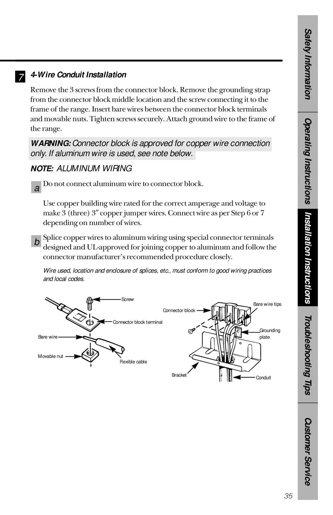 GE JBP30, JBP26, JBP22, JBP24, JBP21, JBP19, JBP25 owner manual Connector block terminal Bare wire 