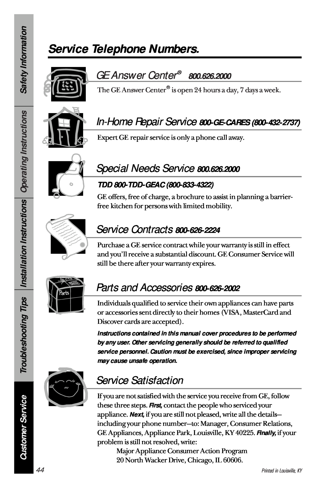 GE JBP22, JBP30, JBP26 Service Telephone Numbers, In-Home Repair Service 800-GE-CARES, TDD 800-TDD-GEAC, GE Answer Center 