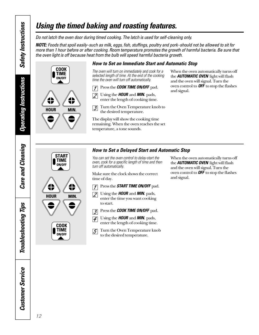 GE JBP30 Using the timed baking and roasting features, Safety Instructions, How to Set a Delayed Start and Automatic Stop 