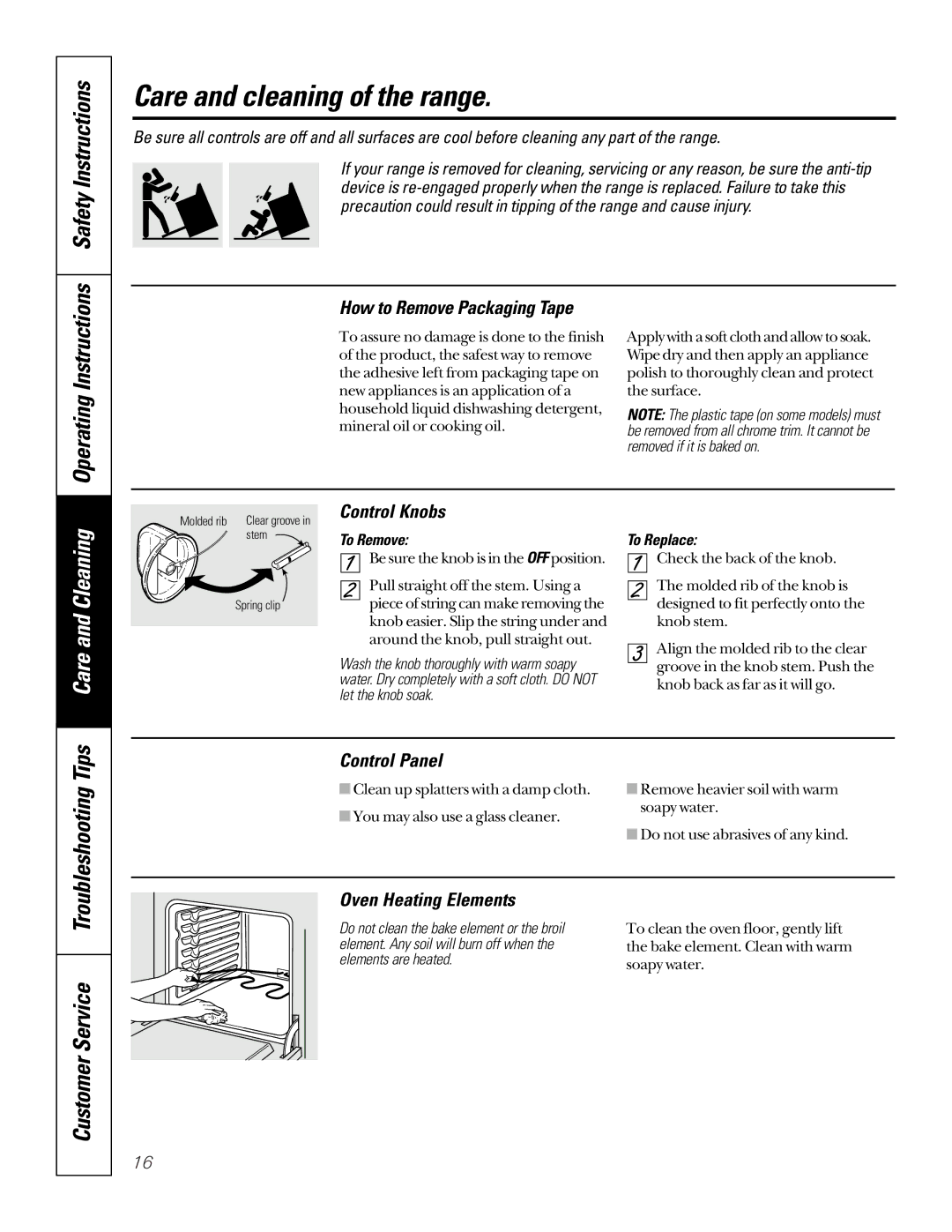 GE JBP30, JBP26 owner manual Care and cleaning of the range, Customer Service Troubleshooting Tips, Operating Instructions 