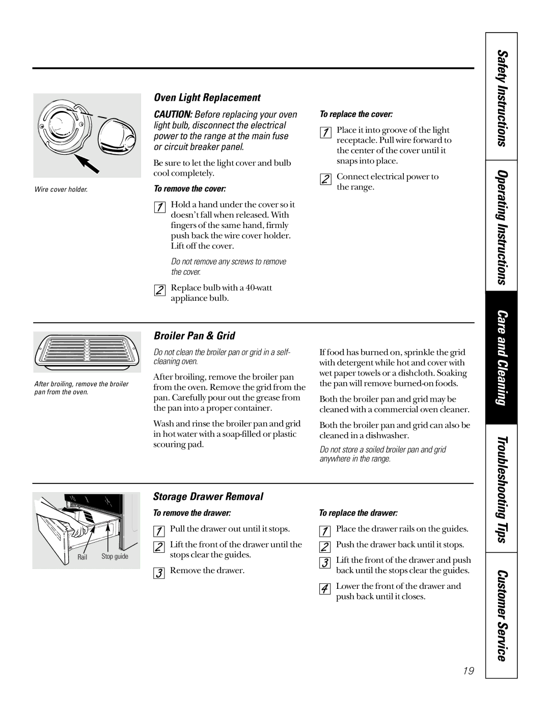 GE JBP26, JBP30 owner manual Safety Instructions Operating Instructions Care, Oven Light Replacement, Broiler Pan & Grid 