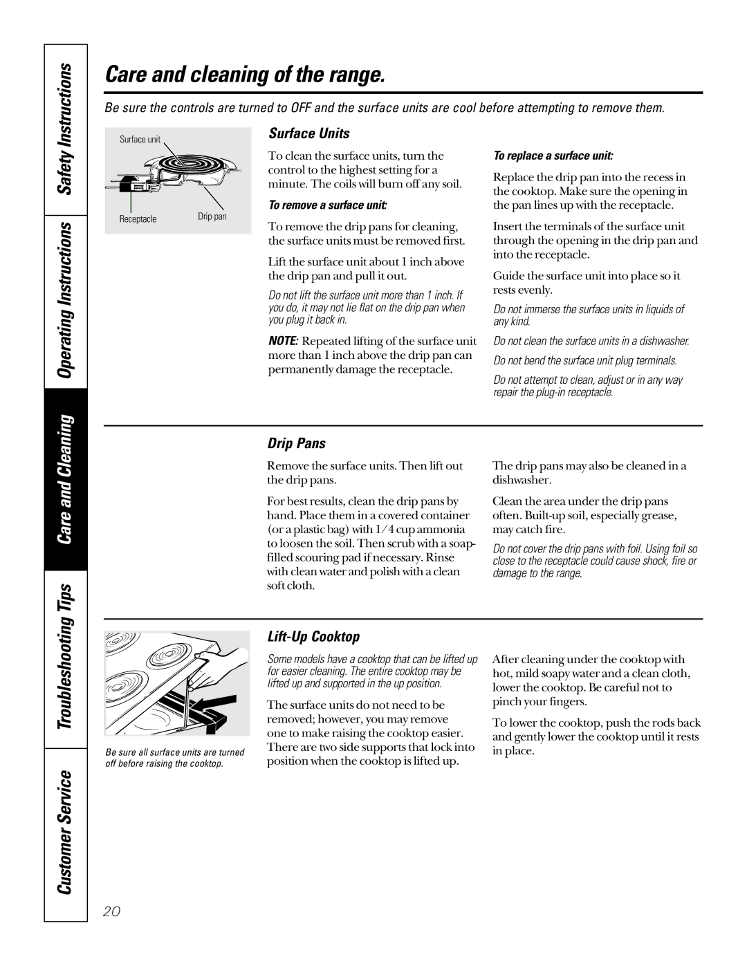 GE JBP30, JBP26 owner manual Customer Service Troubleshooting, Surface Units, Drip Pans, Lift-Up Cooktop 