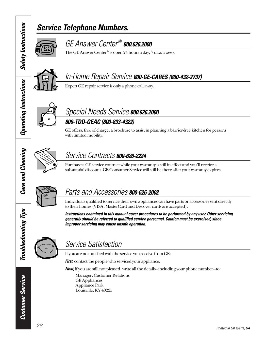 GE JBP30, JBP26 owner manual Service Telephone Numbers, GE Answer Center 