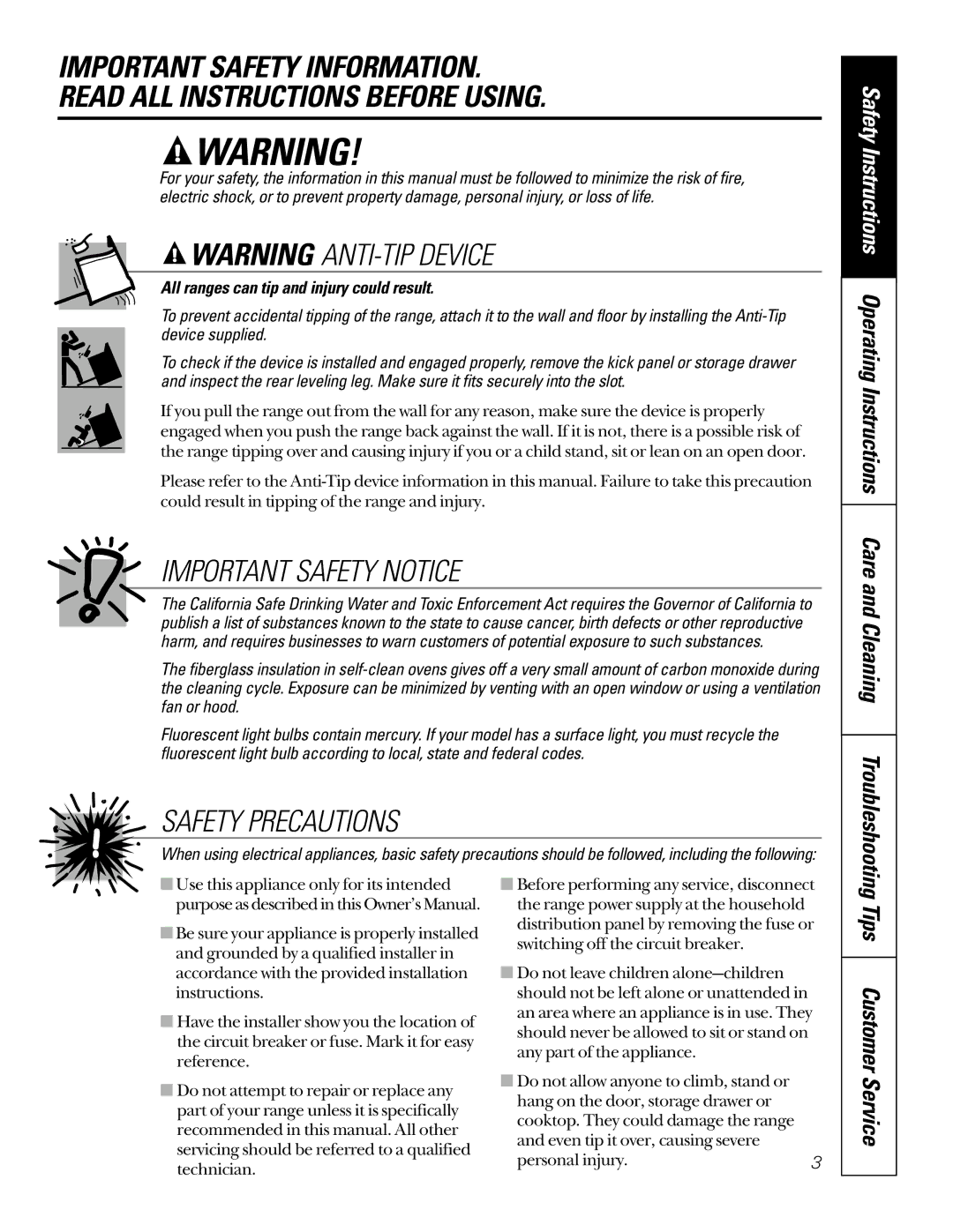 GE JBP26, JBP30 owner manual Tips Customer Service, All ranges can tip and injury could result 