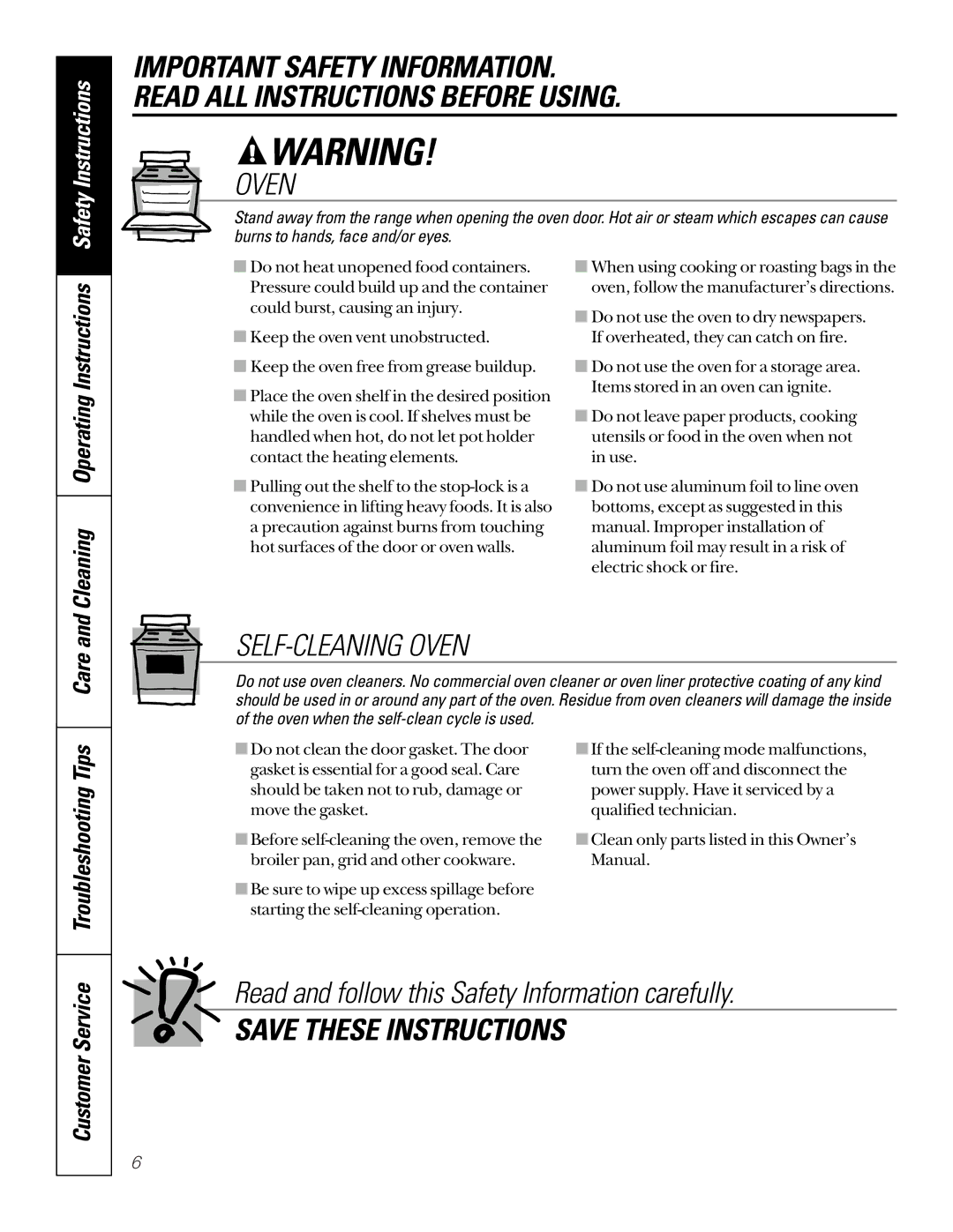 GE JBP30, JBP26 owner manual Care, Customer Service, Cleaning Operating Instructions 