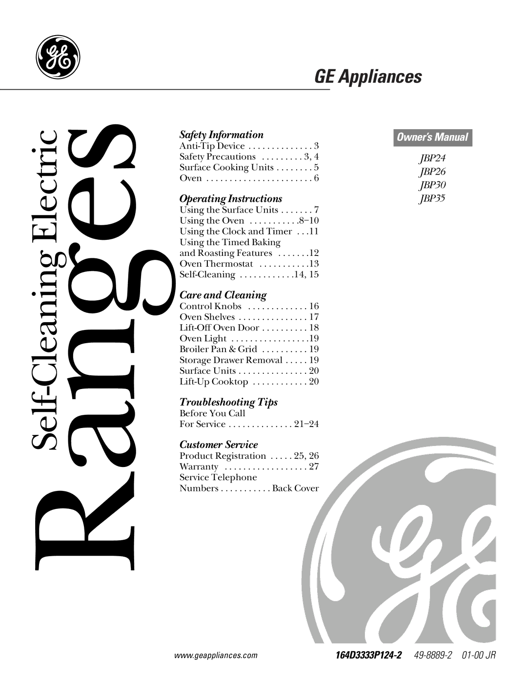 GE JBP26, JBP30 owner manual RangesSelf-Cleaning Electric 