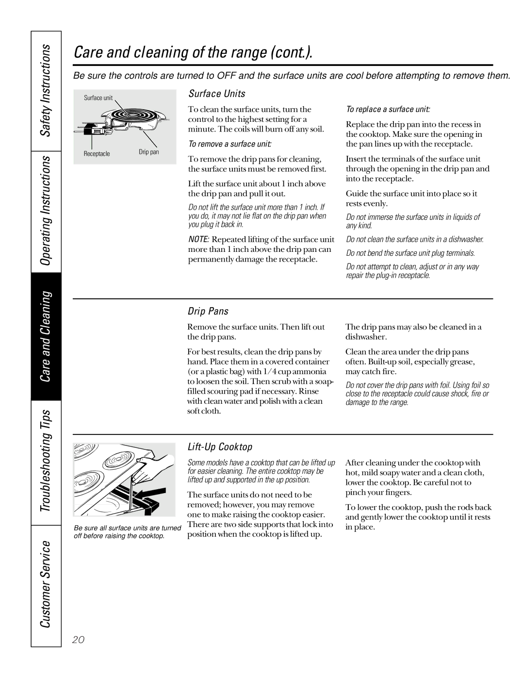 GE JBP30, JBP35, JBP26, JBP24 owner manual Customer Service Troubleshooting, Surface Units, Drip Pans, Lift-Up Cooktop 