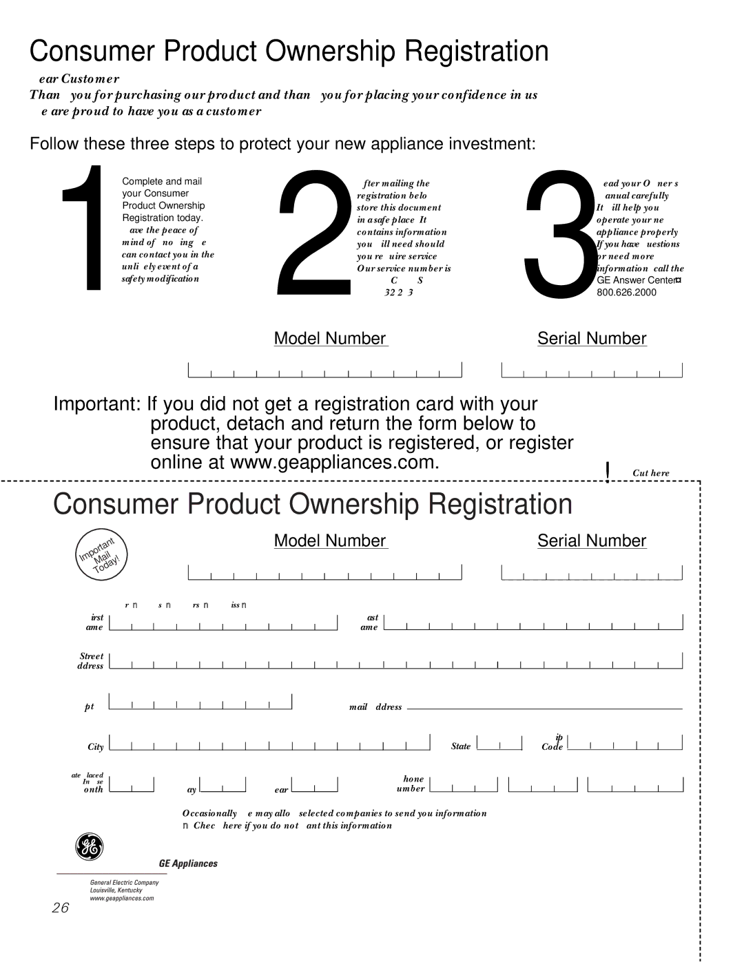 GE JBP26, JBP30, JBP35, JBP24 owner manual Consumer Product Ownership Registration 