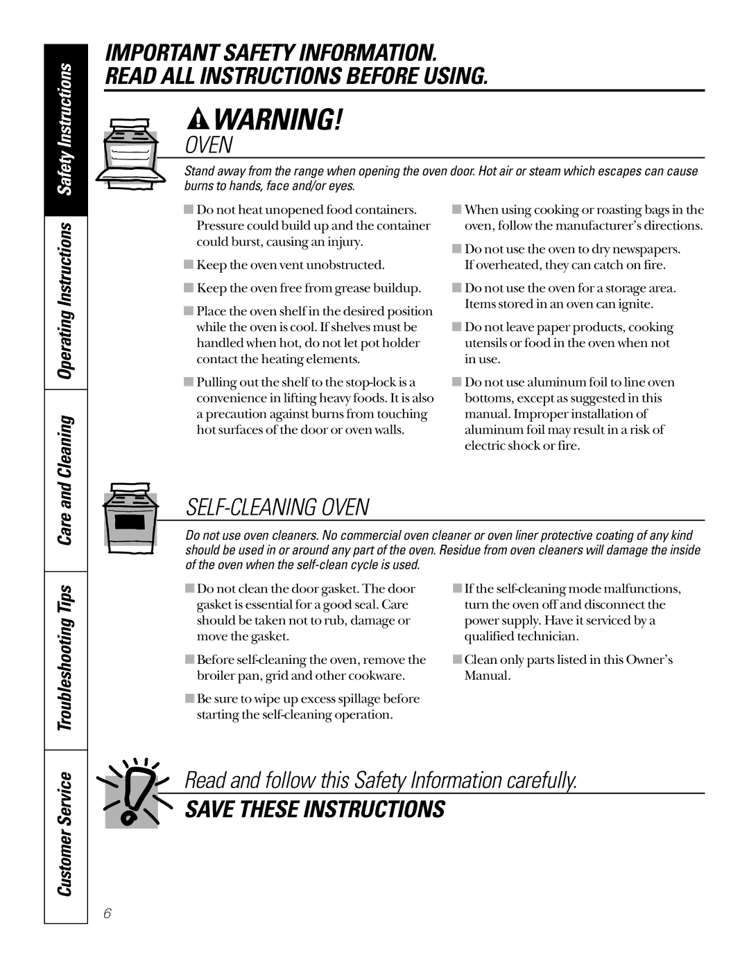 GE JBP26, JBP30, JBP35, JBP24 owner manual Care, Customer Service, Cleaning Operating Instructions 