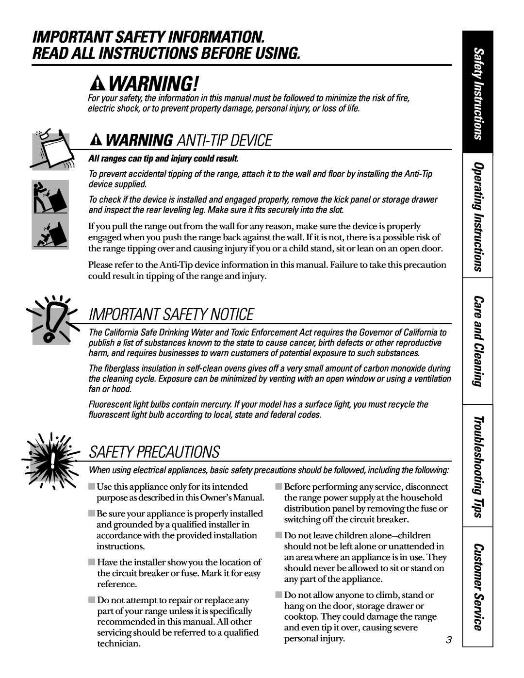GE JBP24 Important Safety Information, Read All Instructions Before Using, Warning Anti-Tipdevice, Important Safety Notice 