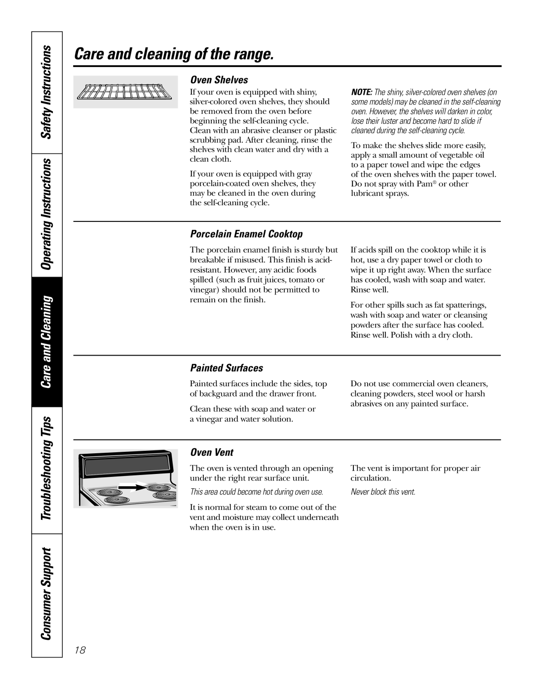 GE JBP24, JBP35, JBP27, JBP25 Instructions Safety, Oven Shelves, Porcelain Enamel Cooktop, Painted Surfaces, Oven Vent 