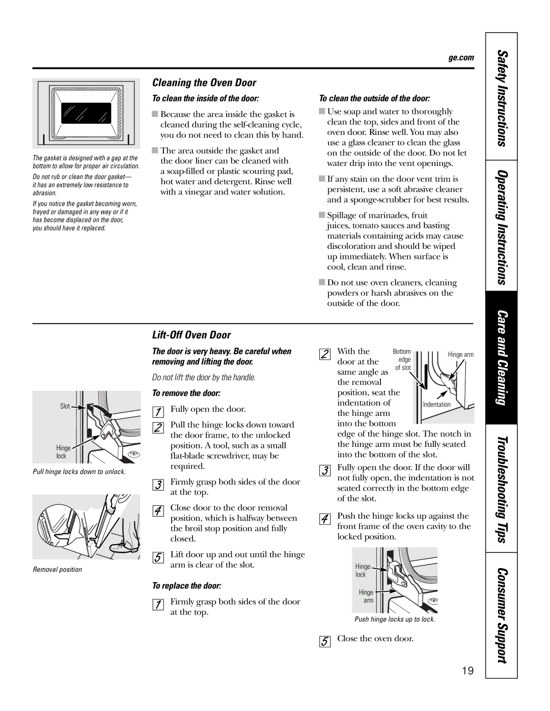 GE JBP25, JBP35 Cleaning Troubleshooting Tips Consumer, Instructions Operating Instructions Care, Cleaning the Oven Door 