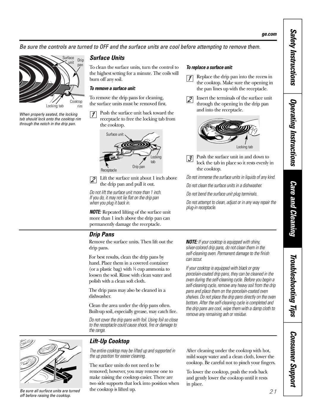 GE JBP27, JBP35, JBP24, JBP25 owner manual Troubleshooting Tips, Surface Units, Drip Pans, Lift-Up Cooktop 