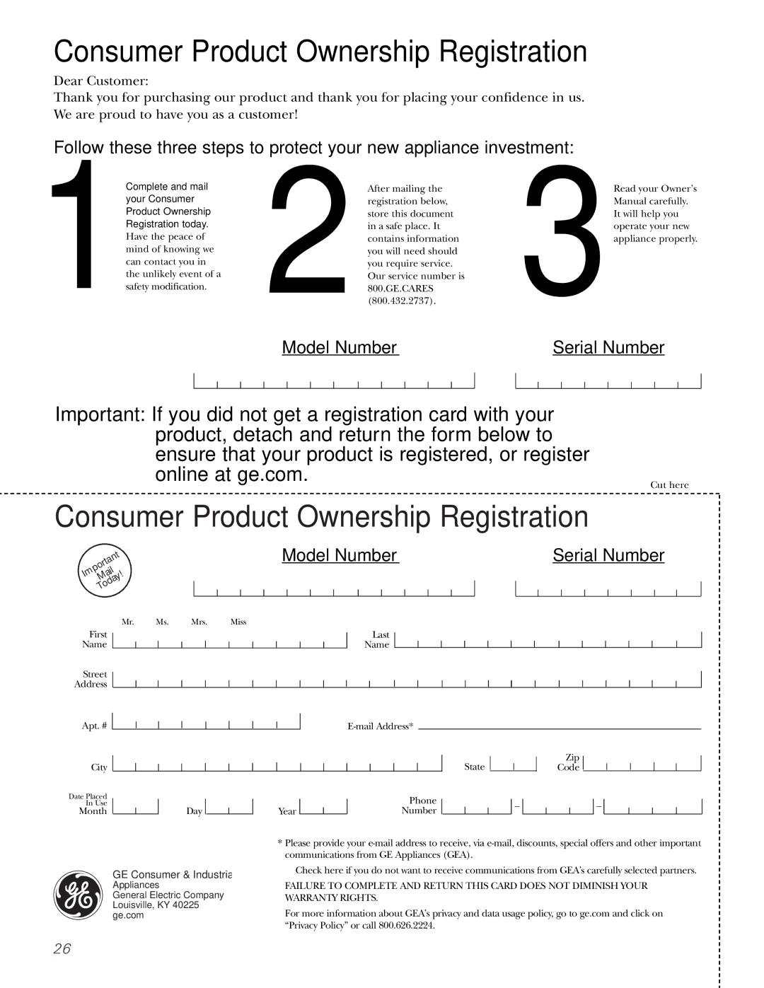 GE JBP24, JBP35, JBP27, JBP25 owner manual Consumer Product Ownership Registration 