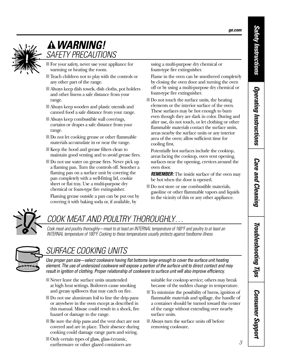 GE JBP25, JBP35, JBP27, JBP24 Consumer Support, Operating Instructions Care and Cleaning, Troubleshooting Tips, Ge.com 