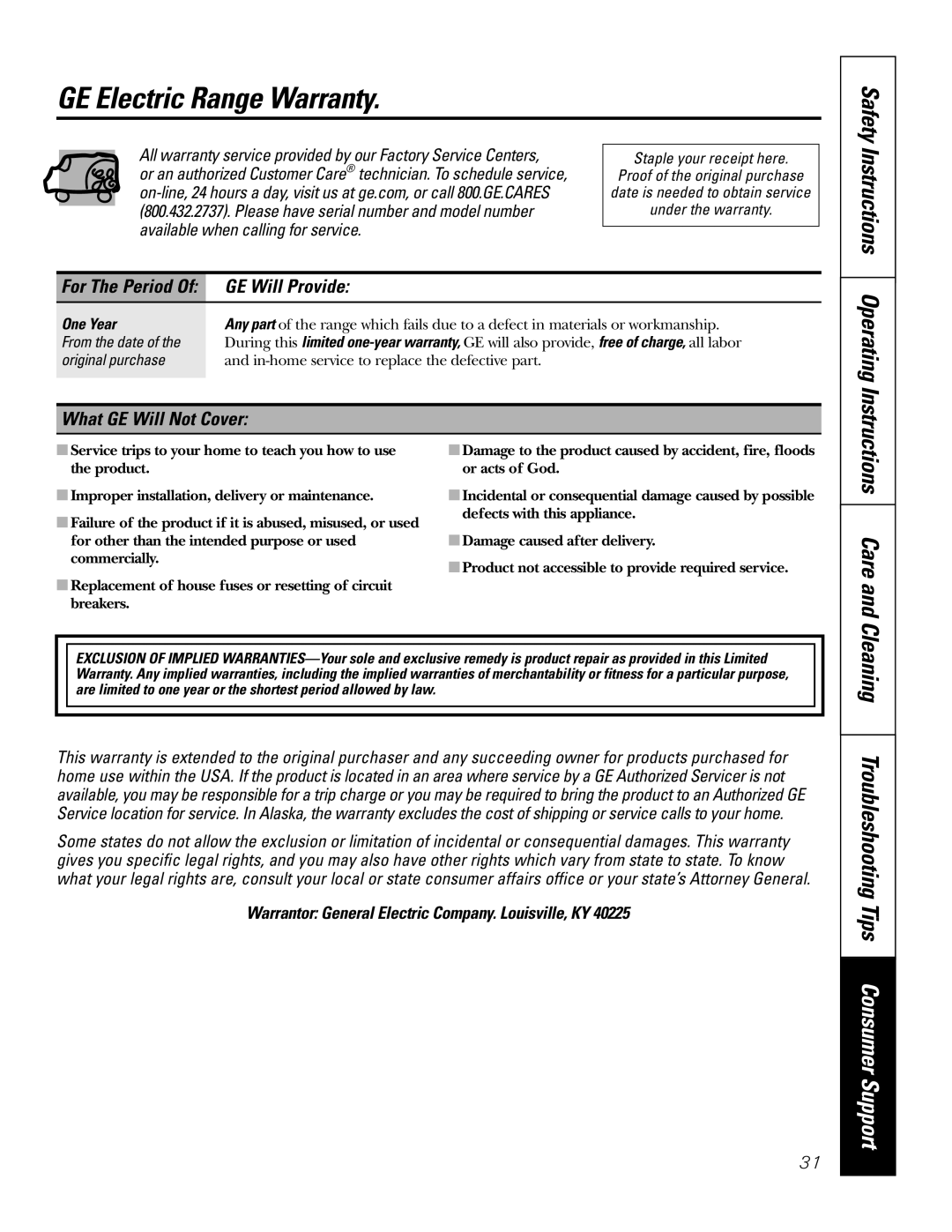 GE JBP25, JBP35, JBP27 GE Electric Range Warranty, Care, Cleaning Troubleshooting Tips Consumer Support, GE Will Provide 