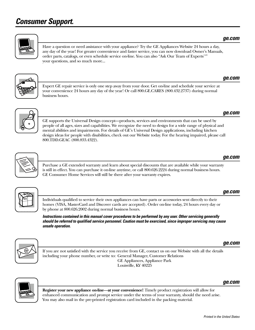 GE JBP35, JBP27 Consumer Support GE Appliances Website, Schedule Service, Real Life Design Studio, Extended Warranties 