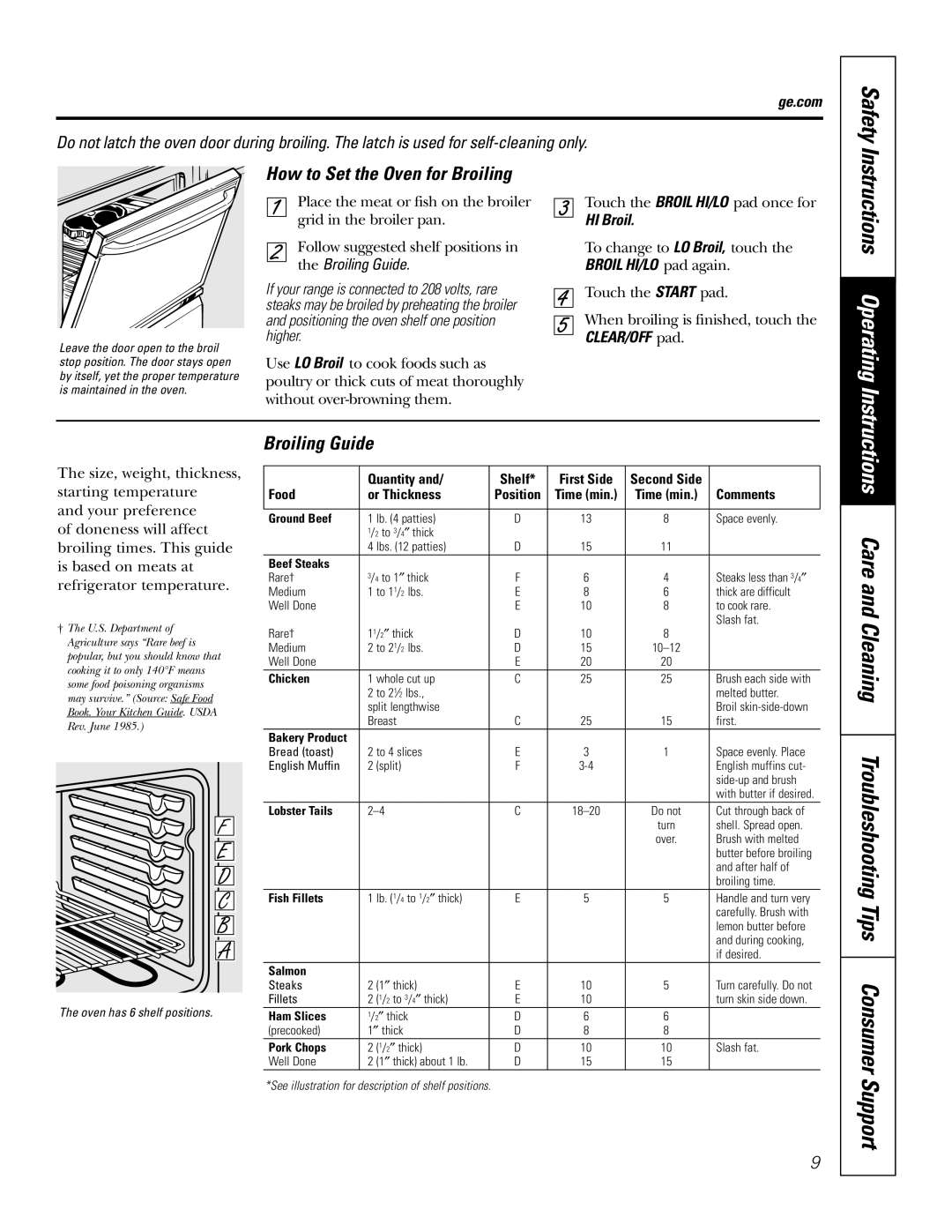 GE JBP27 Instructions Operating, How to Set the Oven for Broiling, Safety, the Broiling Guide, Quantity and, Shelf 