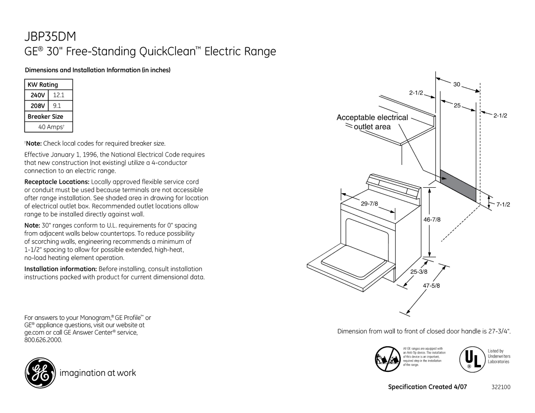 GE JBP35DM installation instructions GE 30 Free-Standing QuickClean Electric Range, Acceptable electrical Outlet area 