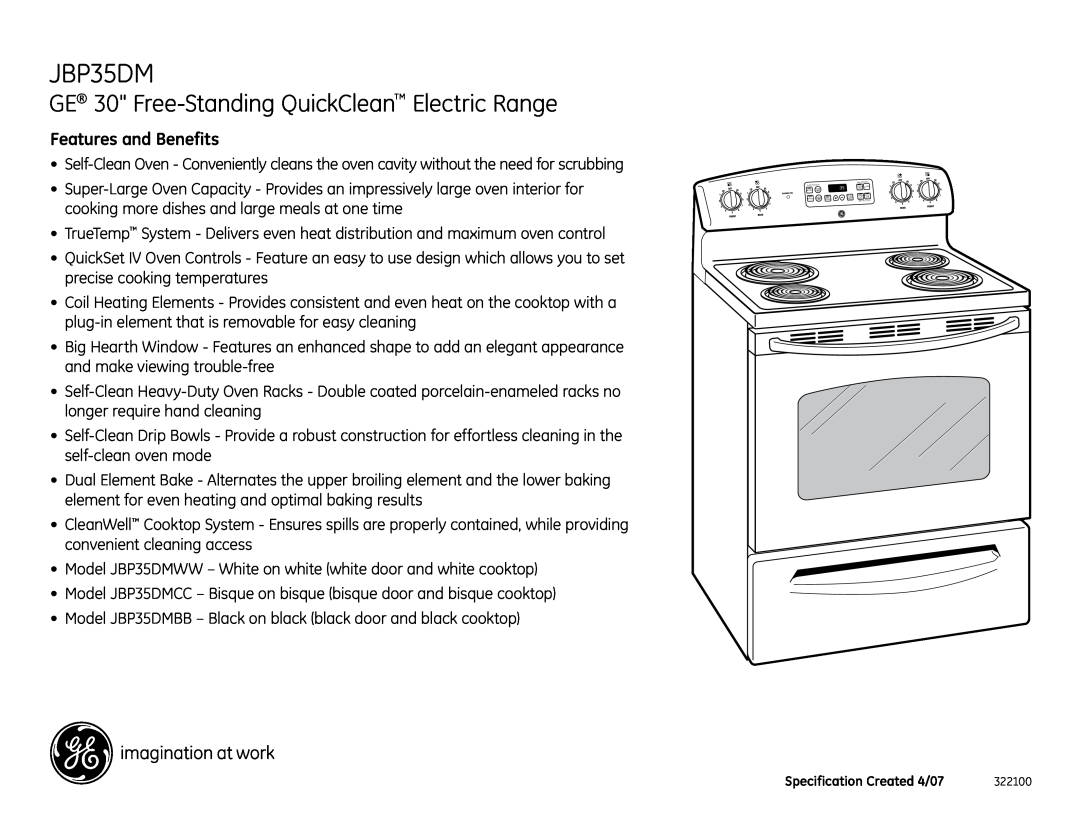 GE JBP35DM installation instructions GE 30 Free-Standing QuickClean Electric Range, Features and Benefits 