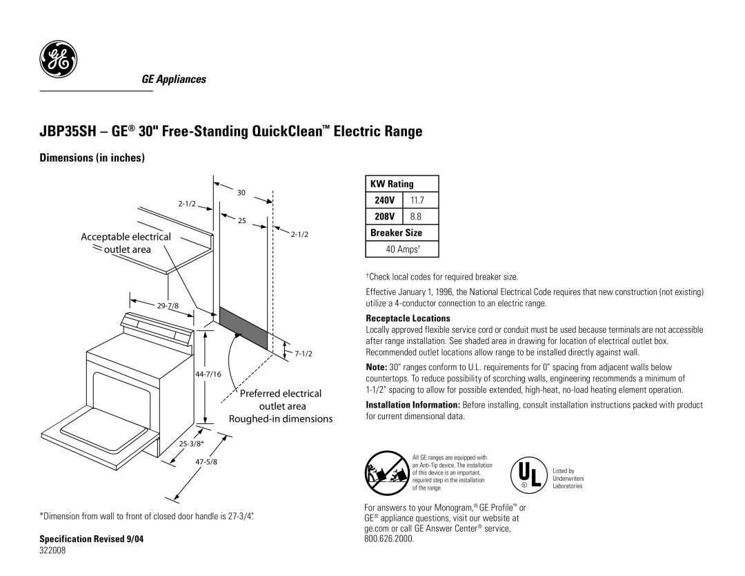 GE dimensions JBP35SH GE 30 Free-Standing QuickClean Electric Range, Dimensions in inches, KW Rating, Breaker Size 