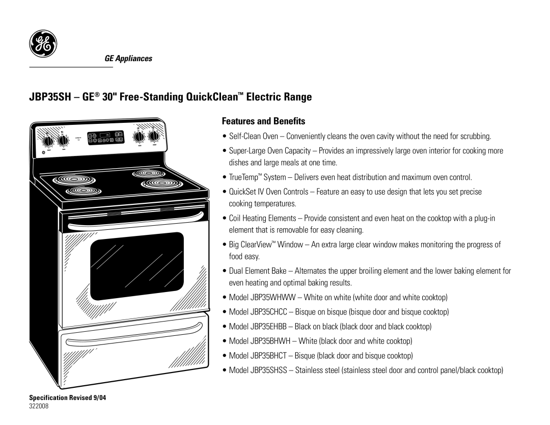 GE JBP35SH dimensions Features and Benefits 