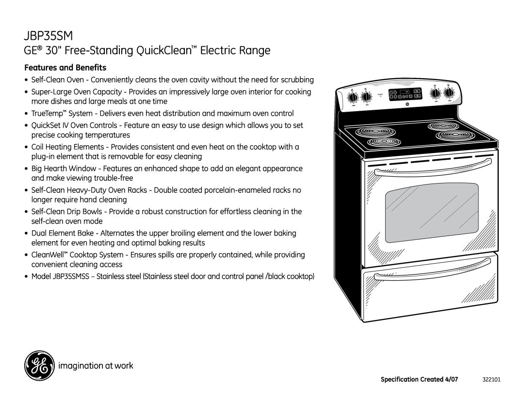 GE JBP35SM installation instructions GE 30 Free-StandingQuickClean Electric Range, Features and Benefits 