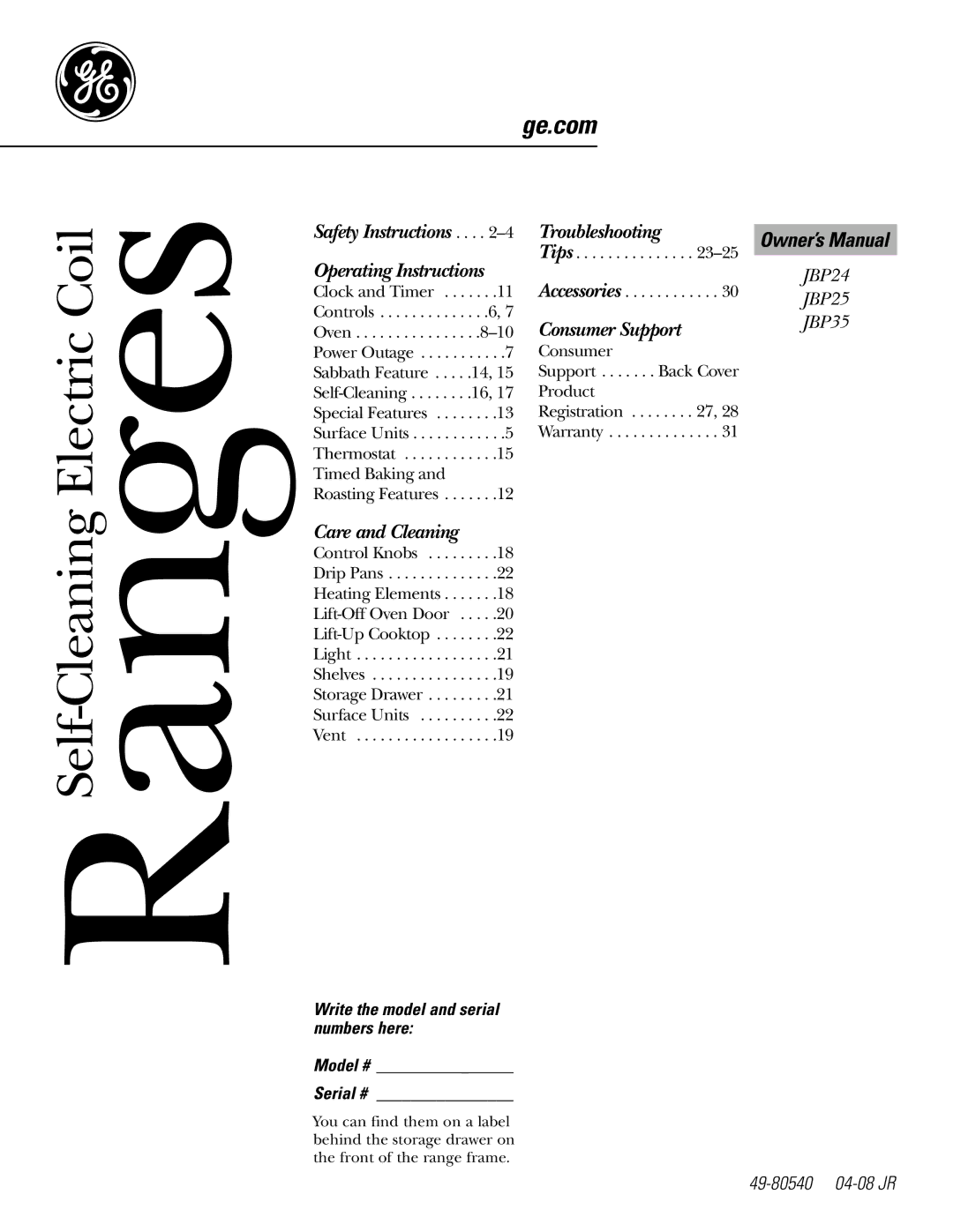 GE JBP35SMSS owner manual Ge.com 