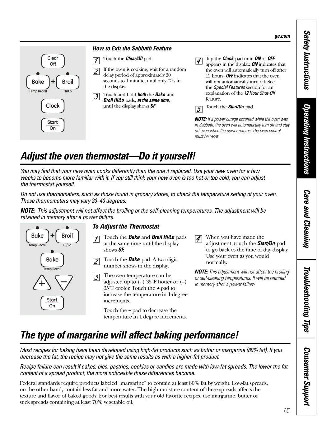 GE JBP35SMSS Adjust the oven thermostat-Do it yourself, Type of margarine will affect baking performance, Ge.com Safety 