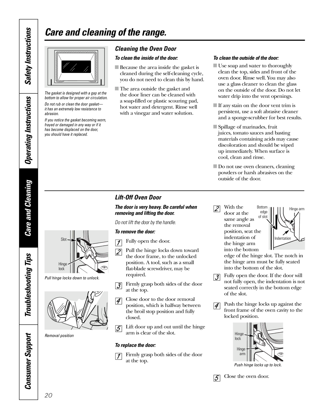 GE JBP35SMSS owner manual Cleaning Operating Instructions Safety, Support Troubleshooting Tips Care, Cleaning the Oven Door 