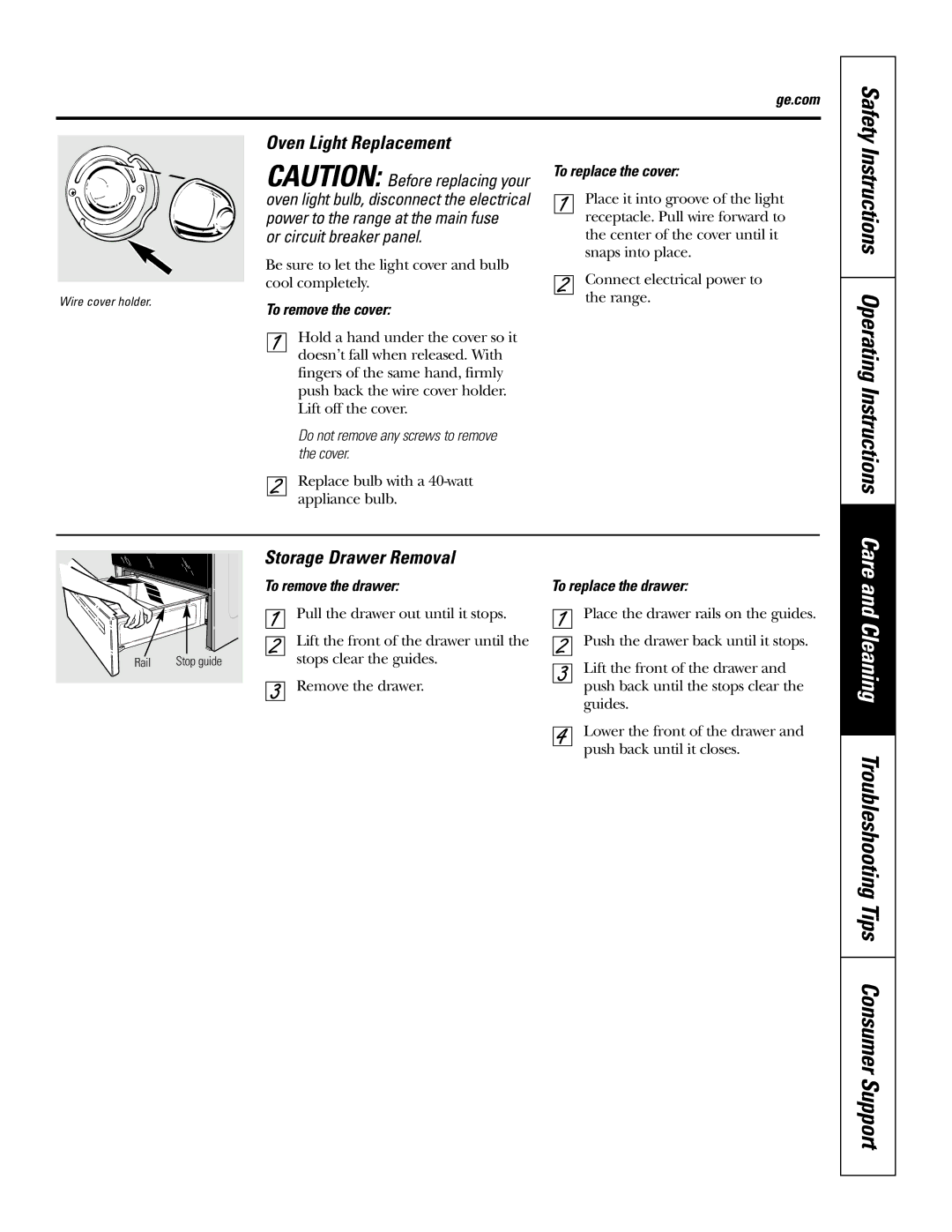 GE JBP35SMSS Instructions Operating Instructions, Oven Light Replacement, Storage Drawer Removal, Or circuit breaker panel 