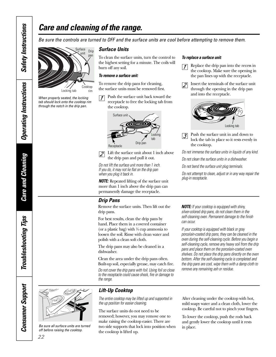 GE JBP35SMSS owner manual Troubleshooting Tips, Surface Units, Drip Pans, Lift-Up Cooktop 