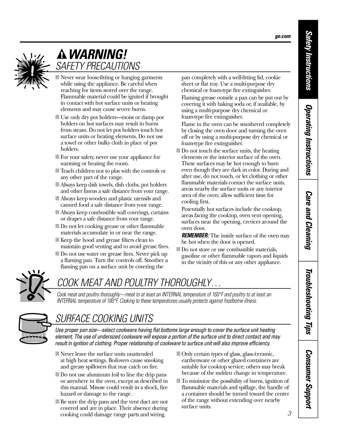 GE JBP35SMSS owner manual Operating Instructions Care and Cleaning, Consumer Support, Ge.com 