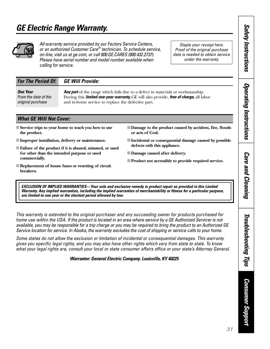 GE JBP35SMSS owner manual GE Electric Range Warranty, Care, GE Will Provide, What GE Will Not Cover, Calling for service 