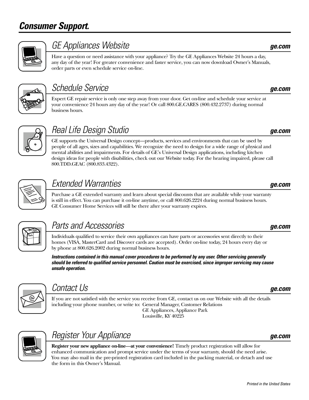 GE JBP35SMSS Consumer Support GE Appliances Website, Schedule Service, Real Life Design Studio, Extended Warranties 