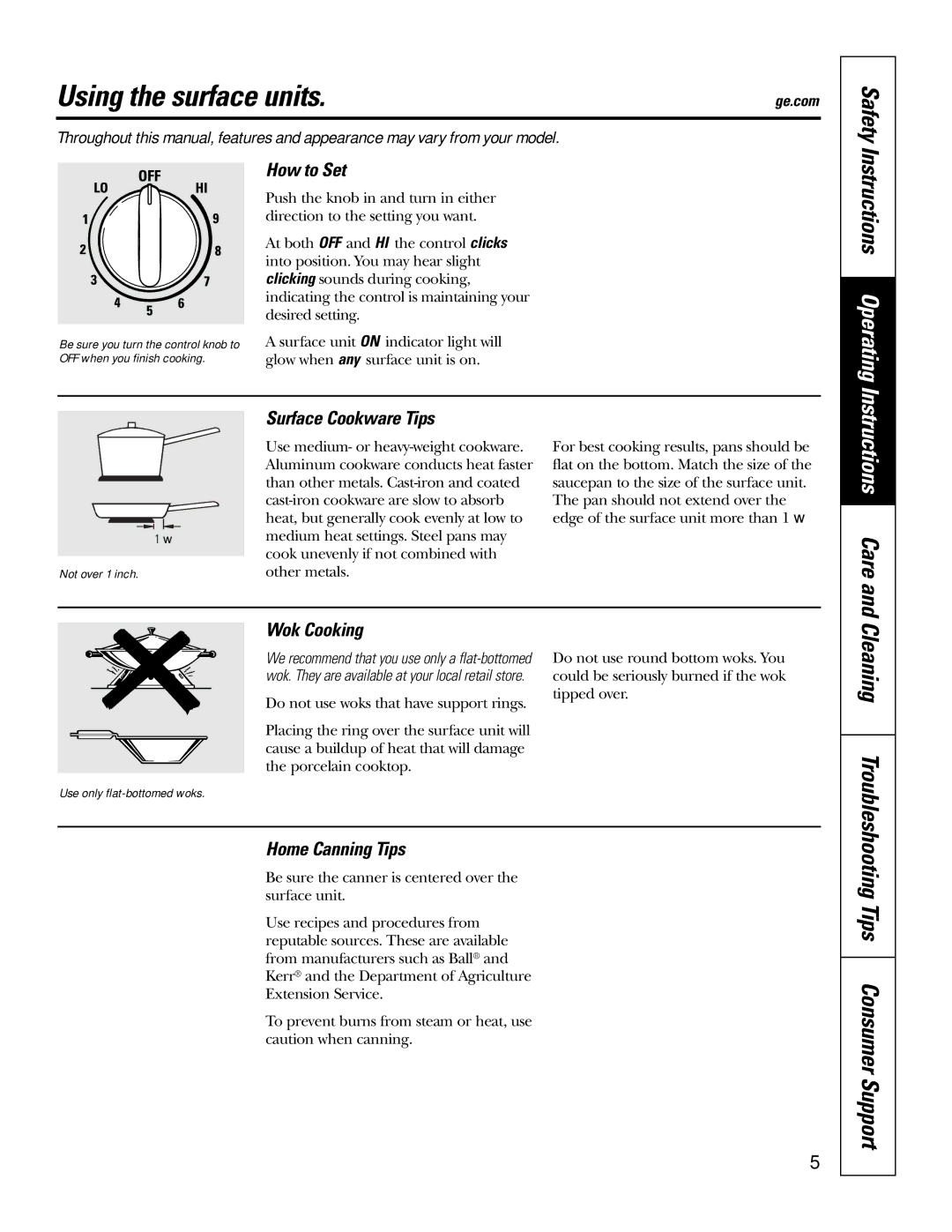 GE JBP35SMSS owner manual Using the surface units, Safety, Tips Consumer Support 