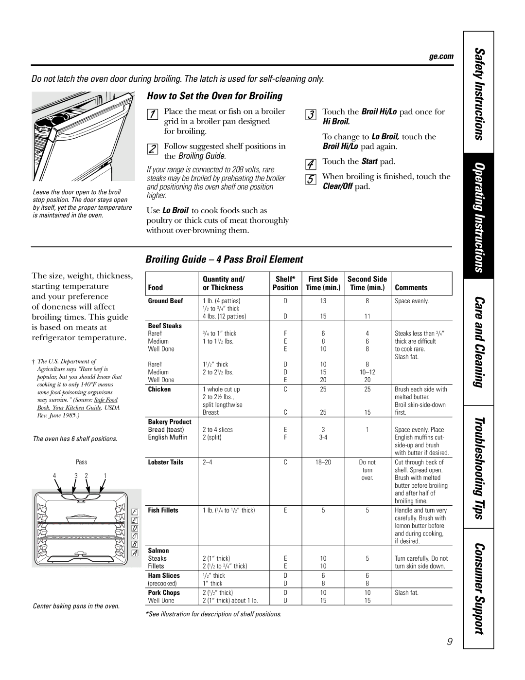 GE JBP35SMSS owner manual How to Set the Oven for Broiling, Broiling Guide 4 Pass Broil Element, Hi Broil 