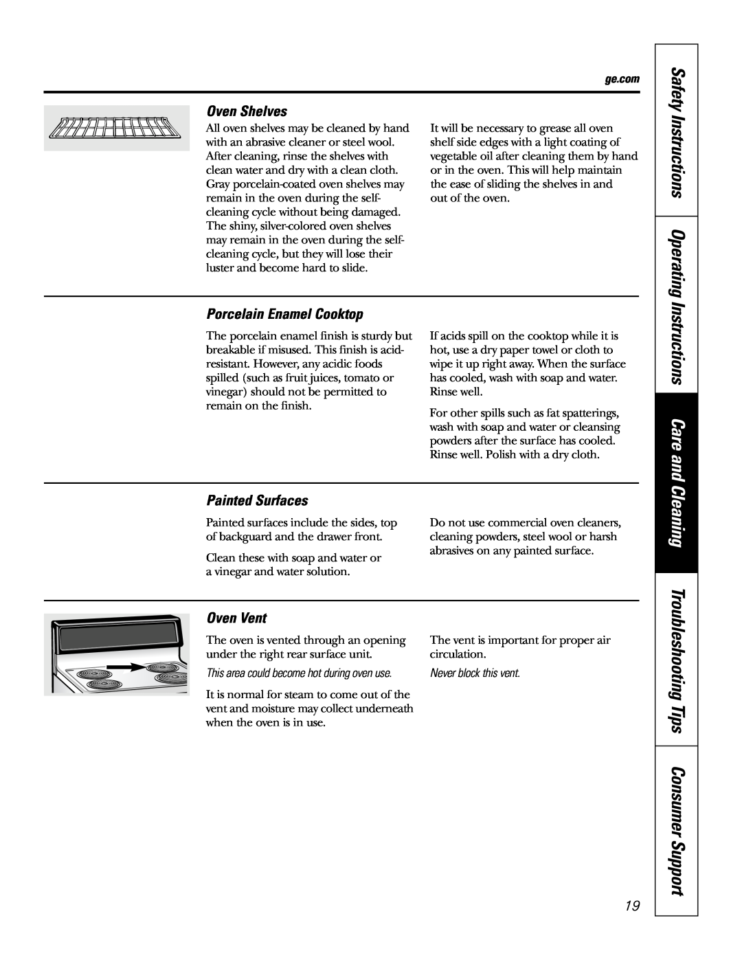 GE JBP35SMSS Instructions Care and, Cleaning Troubleshooting Tips Consumer Support, Instructions Operating, Oven Shelves 