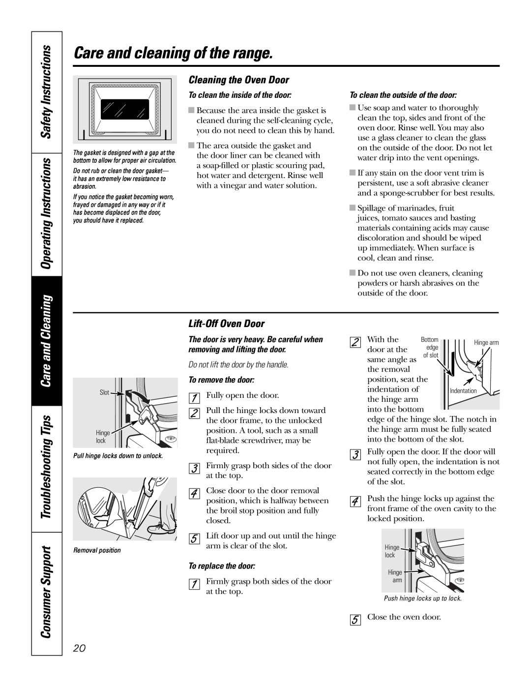 GE JBP35SMSS Cleaning Operating Instructions Safety, Support Troubleshooting Tips Care and, Cleaning the Oven Door 