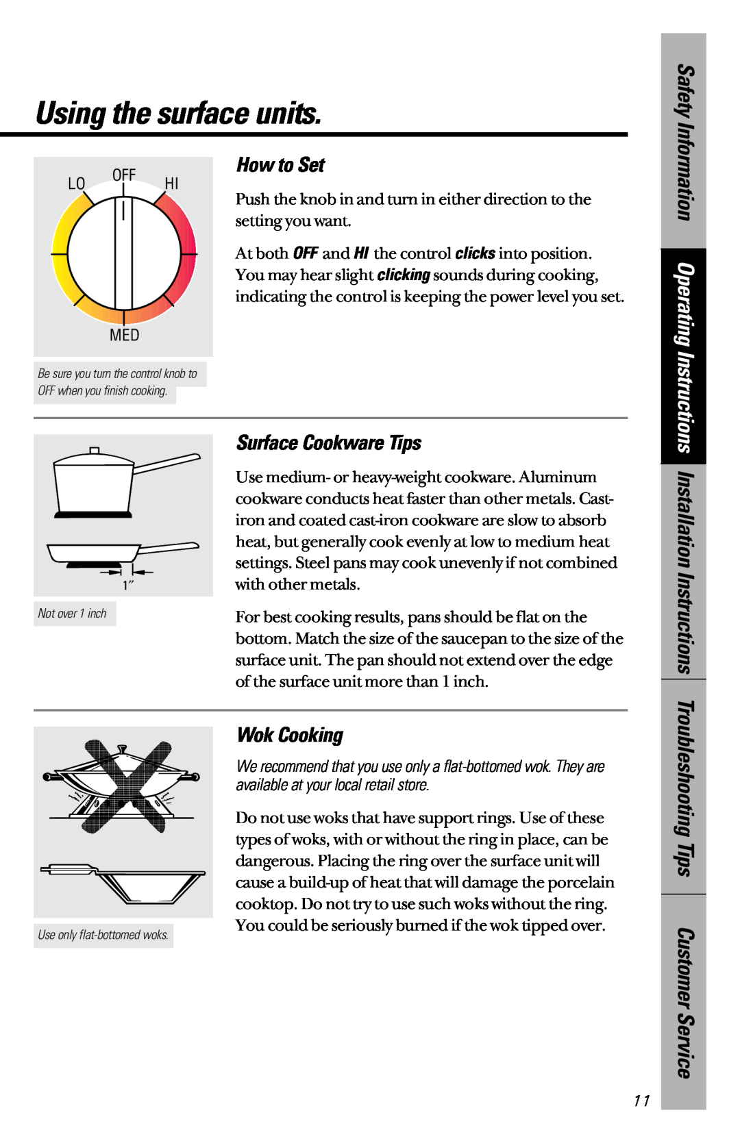 GE JBP45, JBP46 Using the surface units, Safety, Installation Instructions, How to Set, Surface Cookware Tips, Wok Cooking 