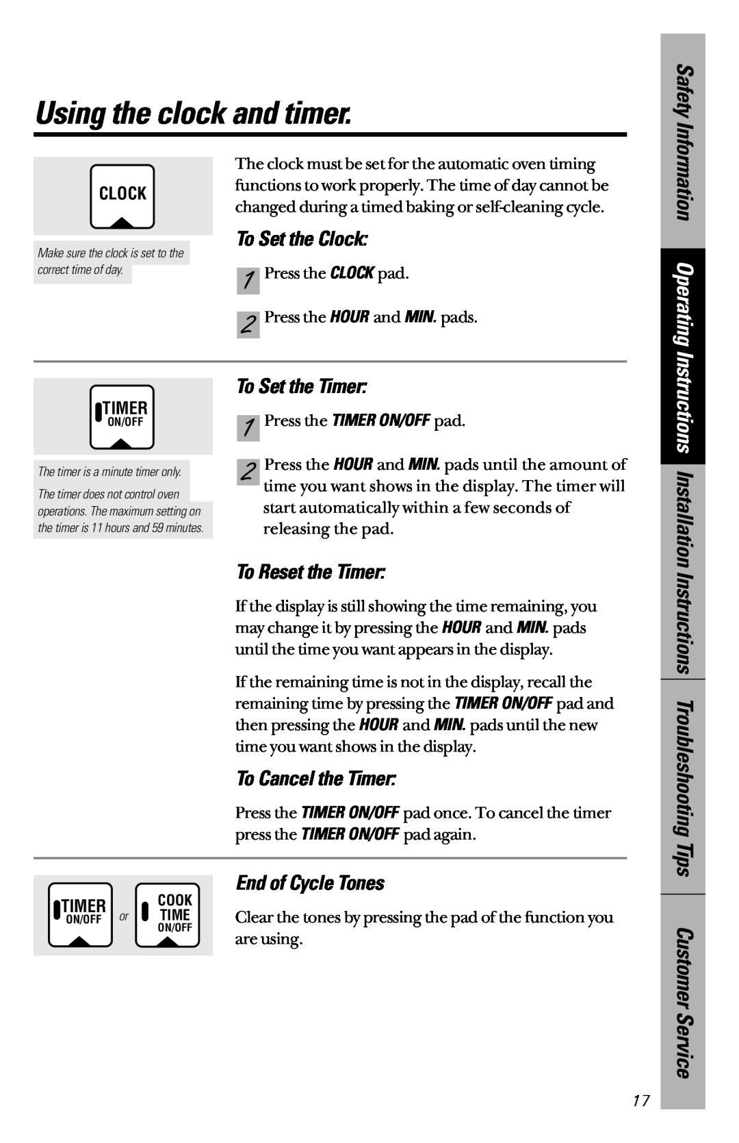 GE JBP45 Using the clock and timer, To Set the Clock, Information Operating, To Set the Timer, To Reset the Timer, Safety 