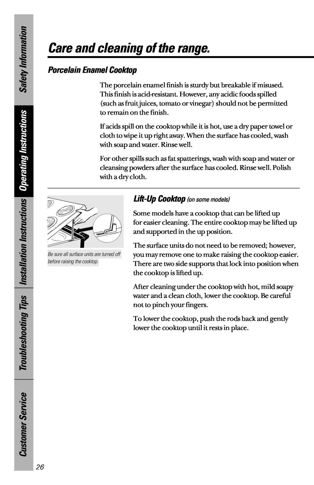 GE JBP45, JBP46, JBP47 Operating Instructions Safety Information, Porcelain Enamel Cooktop, Lift-Up Cooktop on some models 