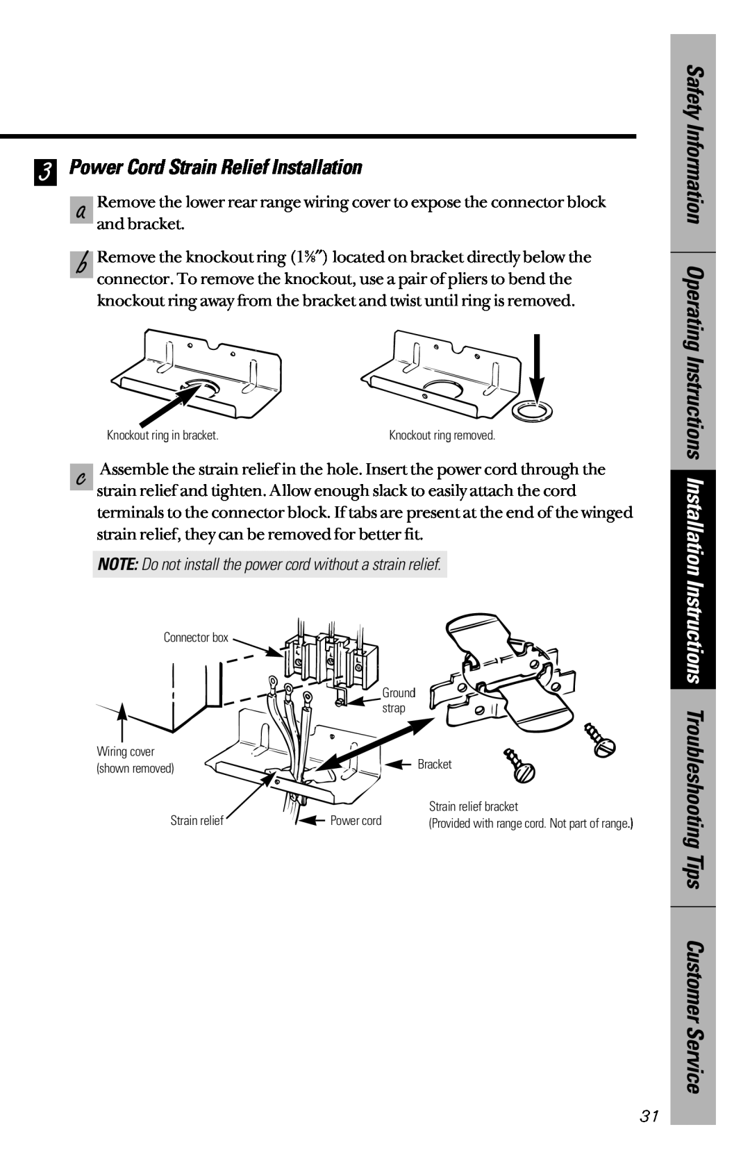 GE JBP47, JBP46, JBP45 owner manual Power Cord Strain Relief Installation 