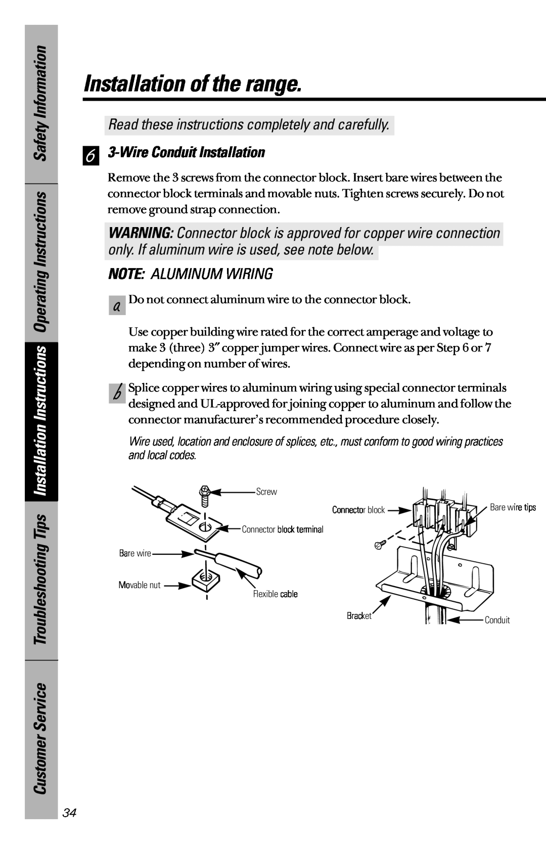 GE JBP47, JBP46, JBP45 owner manual 6 3-Wire Conduit Installation, Note Aluminum Wiring, Installation of the range 