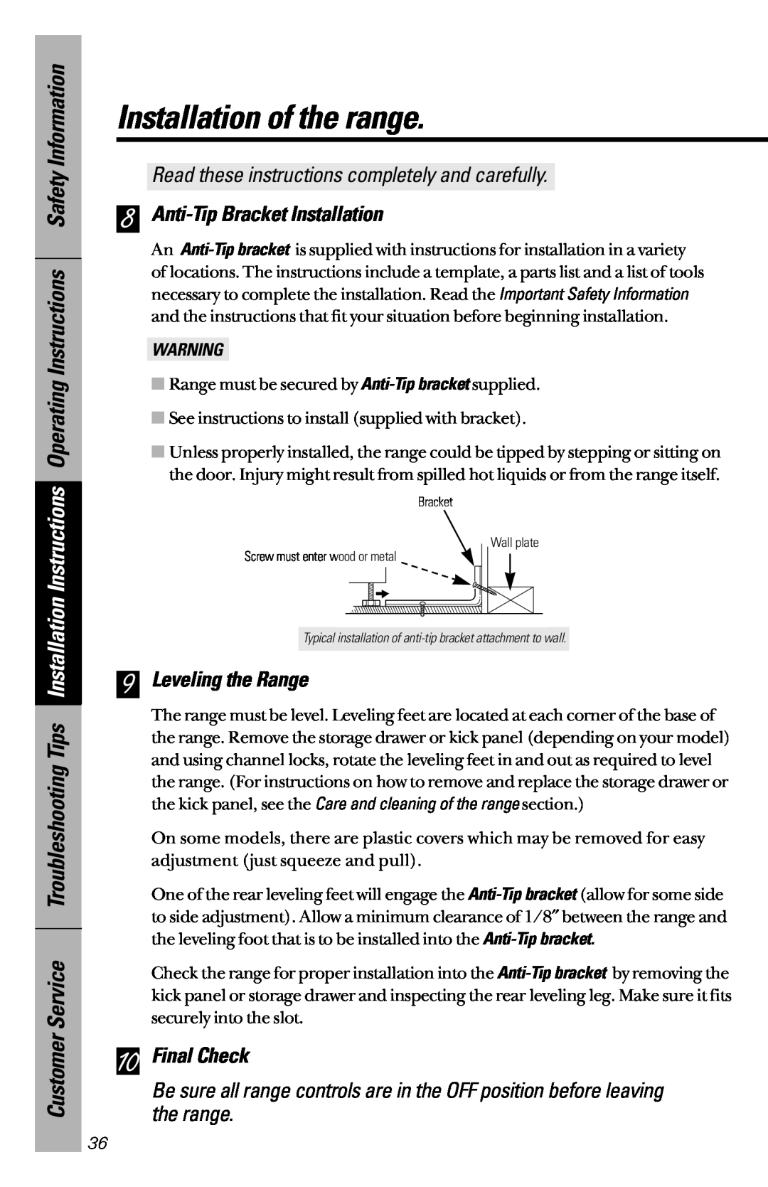 GE JBP46, JBP47, JBP45 owner manual Anti-Tip Bracket Installation, Leveling the Range, Final Check, Installation of the range 